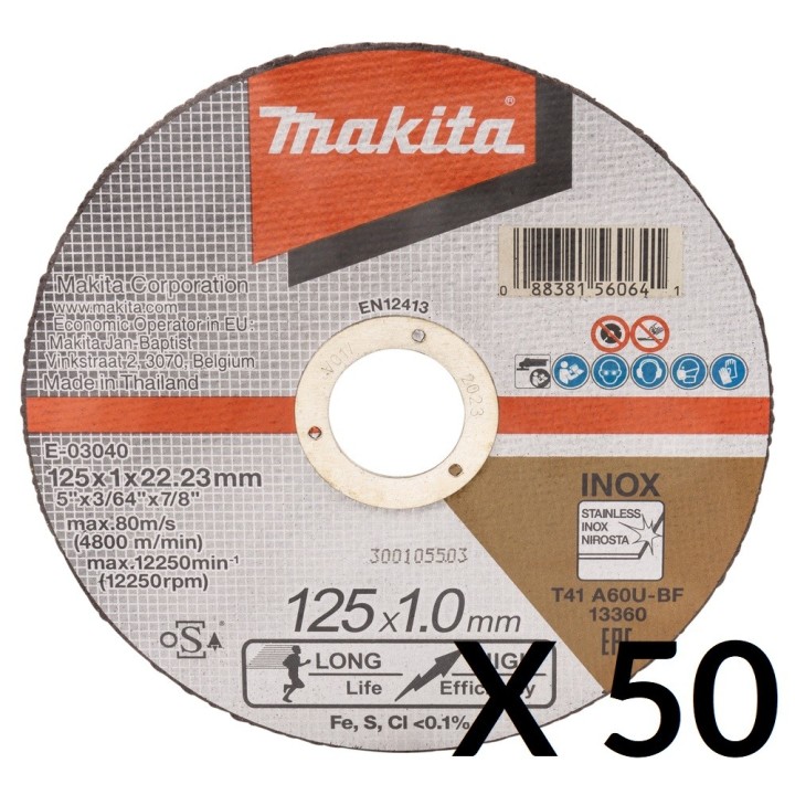 Disques à tronçonner - 125 x 1,0 mm, Métal/Inox (x50) Makita - E-03040-50, E-17120-50