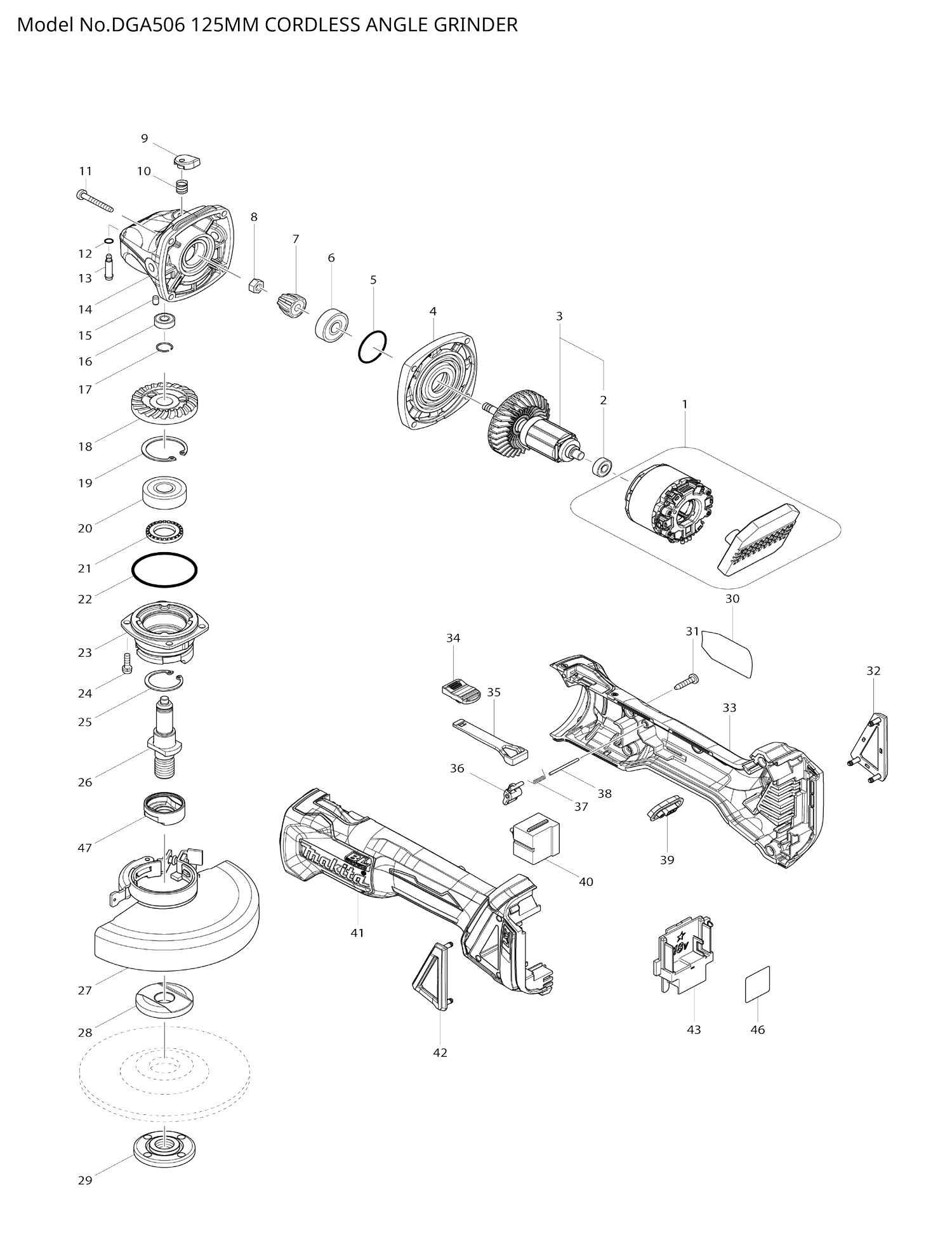 Pièces détachées meuleuse d'angle Makita DGA506