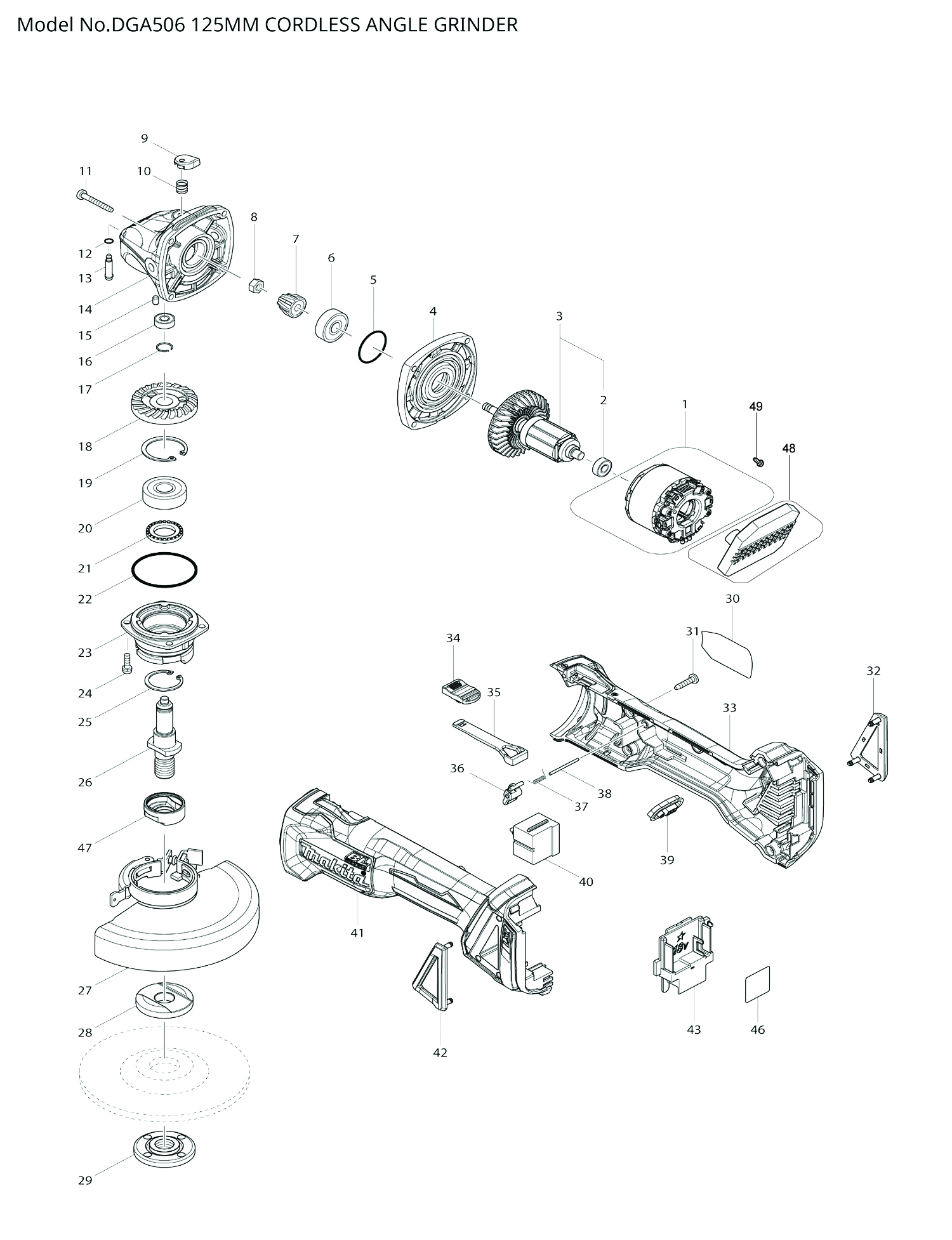 Pièces détachées meuleuse d'angle Makita DGA506