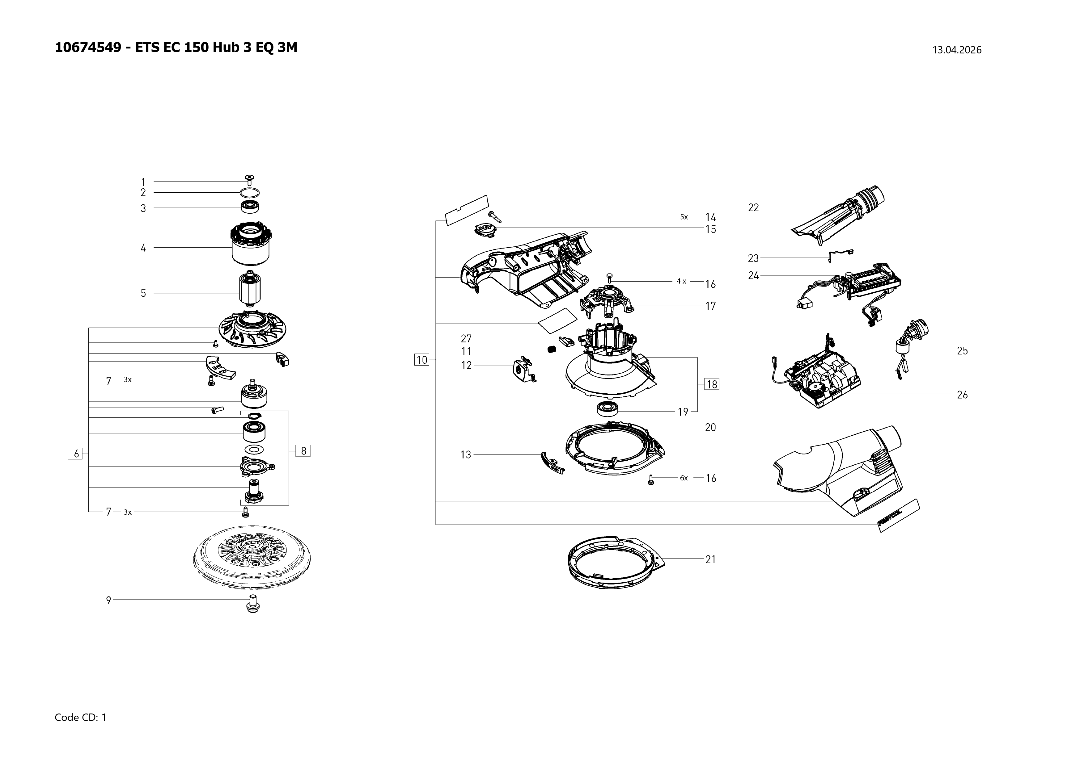 Pièces détachées Ponceuse excentrique Festool ETS EC 150 Hub 3 EQ 3M - 10674549