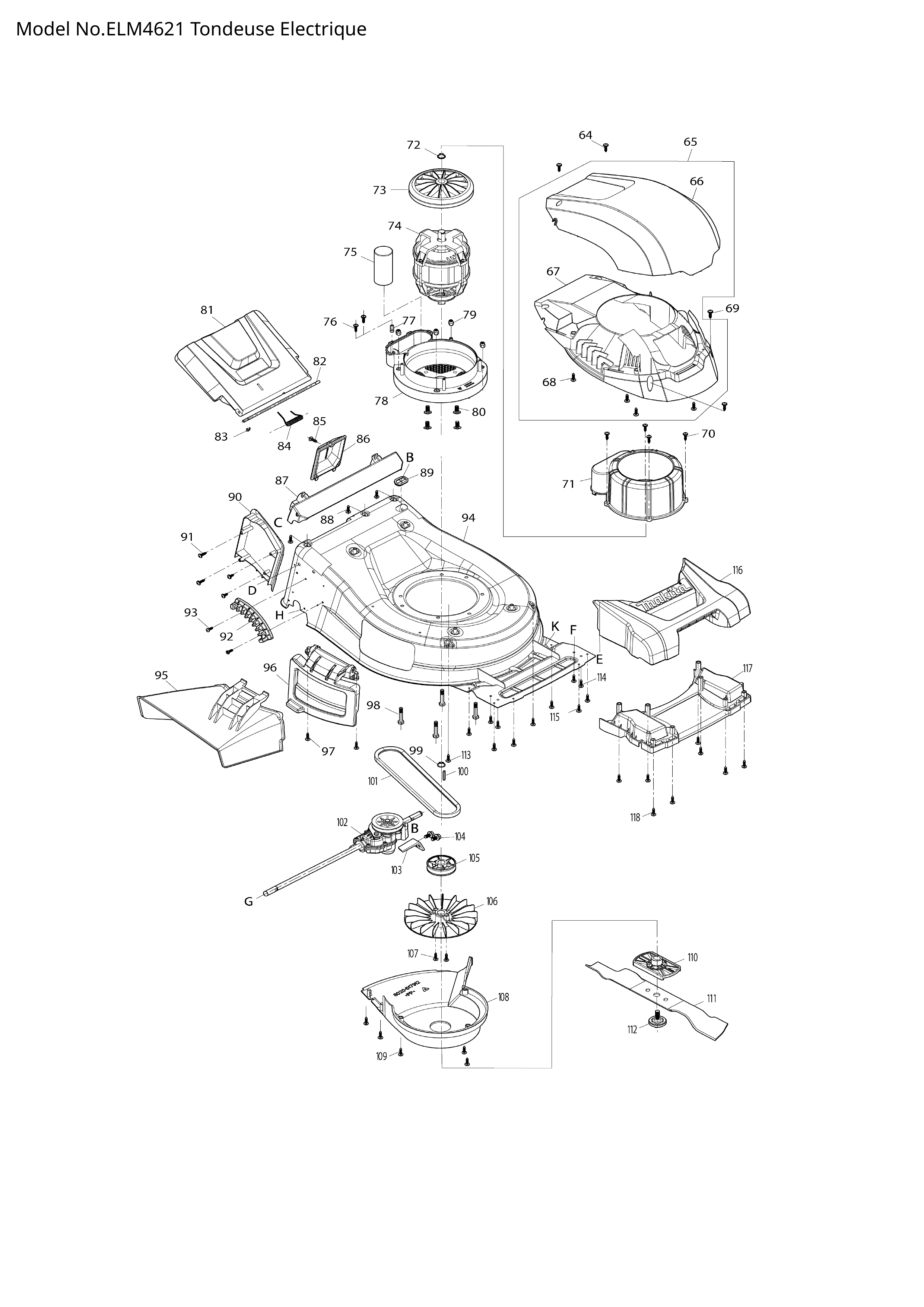 Pièces détachées tondeuse électrique Makita ELM4621
