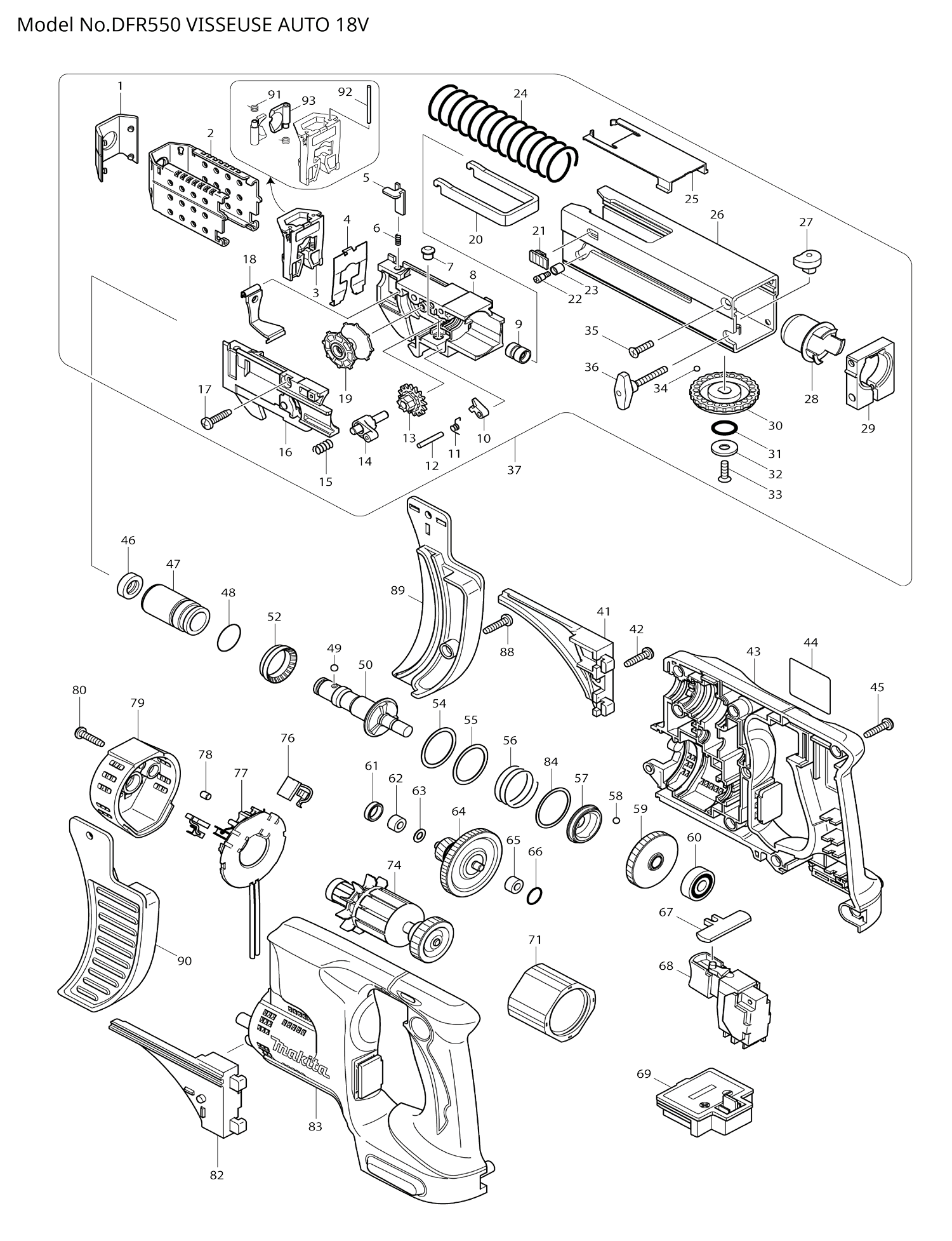 Pièces détachées visseuse automatique Makita DFR550
