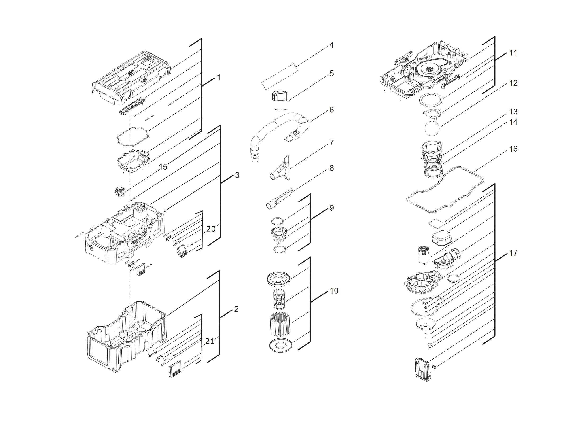 Pièces détachées Aspirateur Milwaukee M18 VC2 - 460330