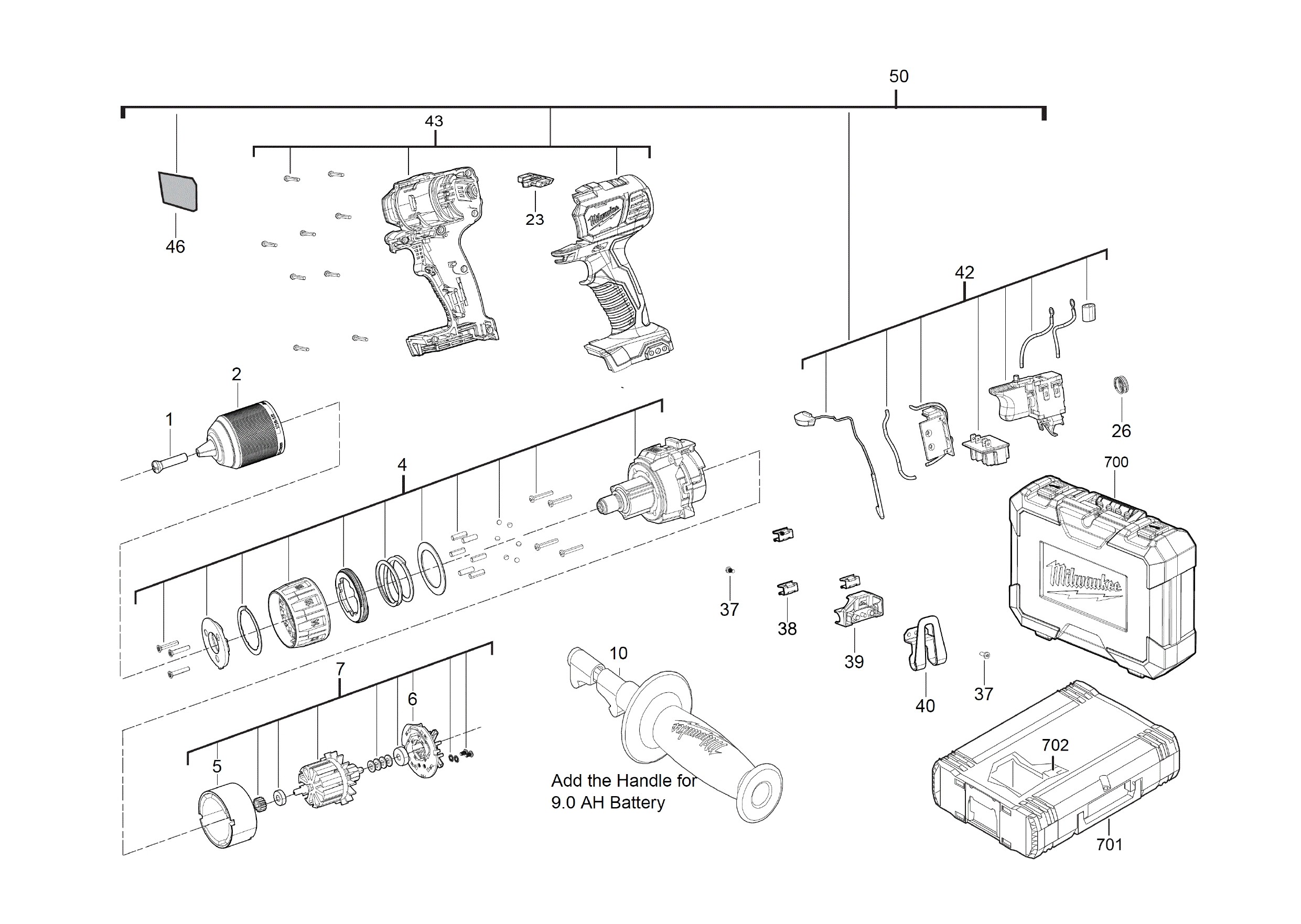 Pièces détachées Perceuse visseuse Milwaukee M18 BDD - 443531