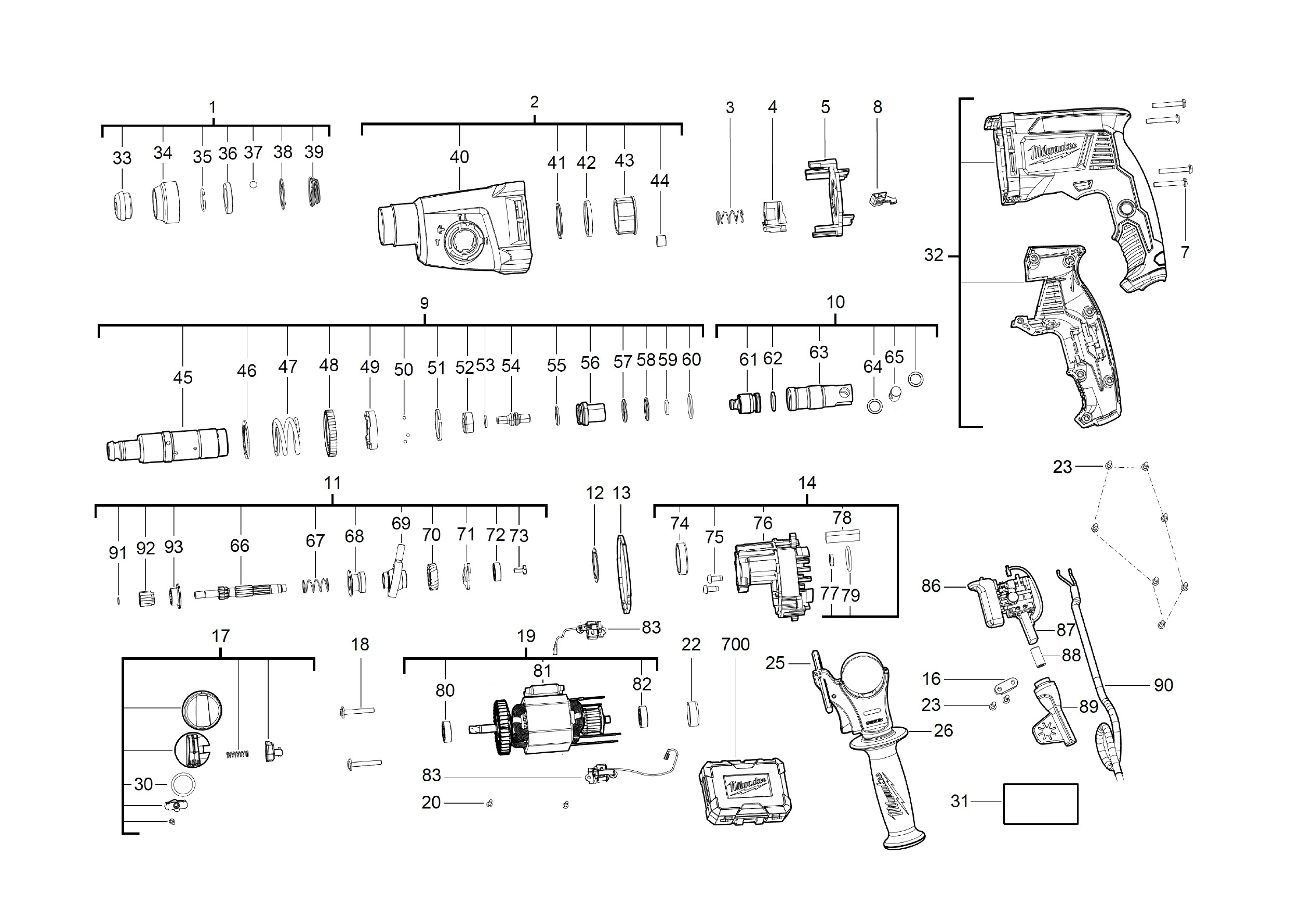 Pièces détachées Perforateur Milwaukee PH 26 T - 469050