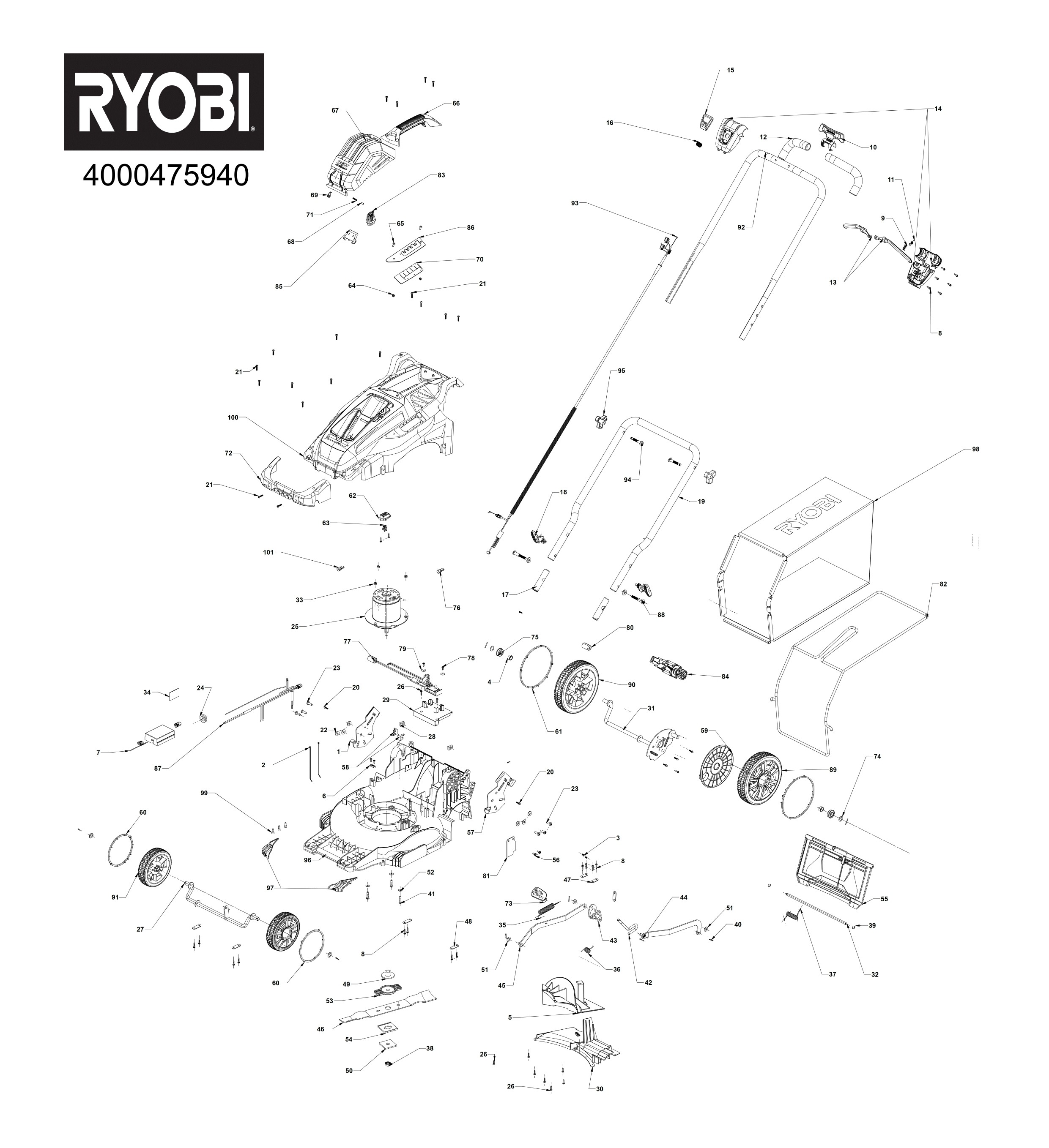 Pièces détachées Tondeuse Ryobi RLM36X41H50PG - 475940