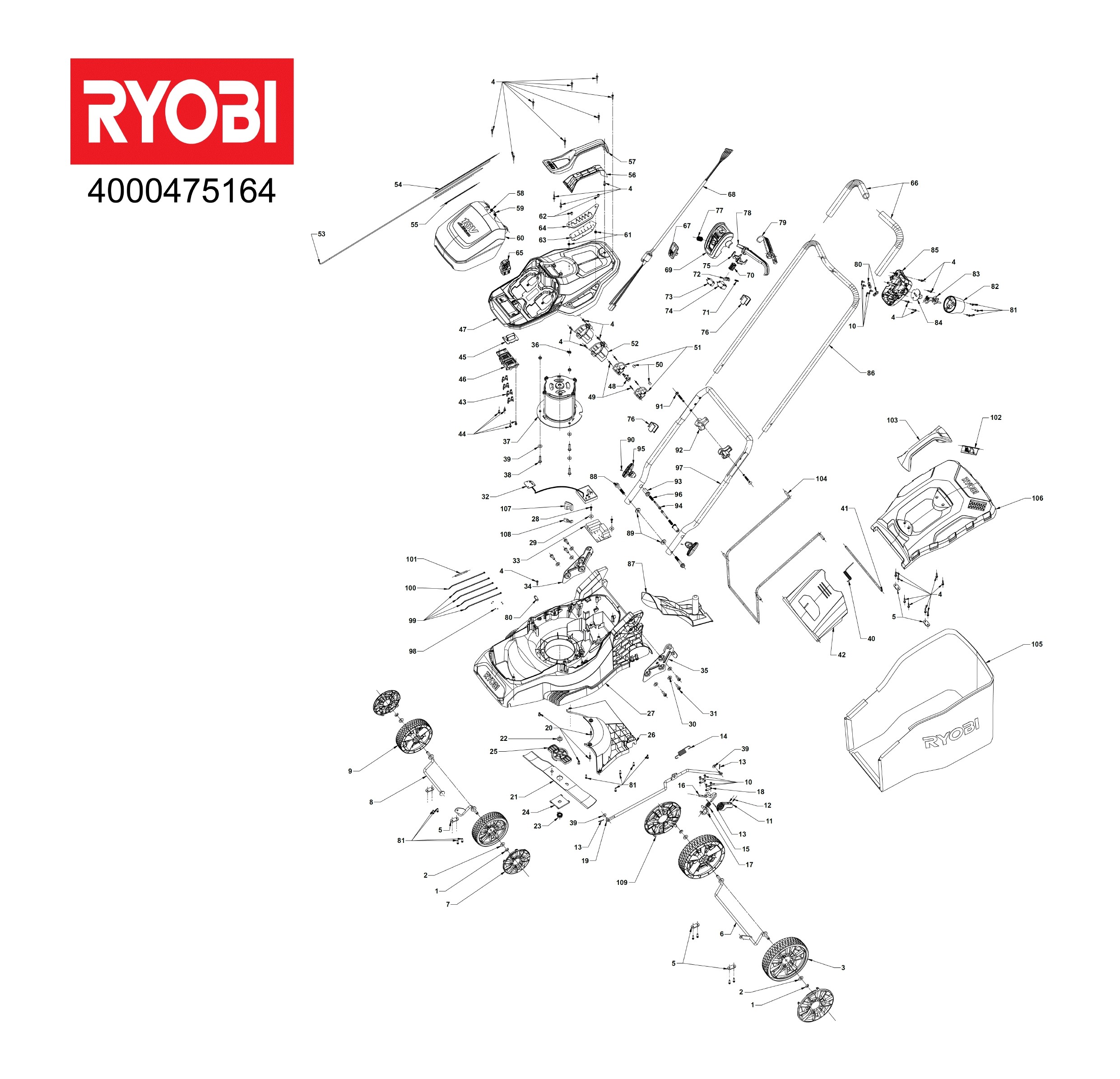 Pièces détachées Tondeuse Ryobi RY18LMH37A-250 - 475164