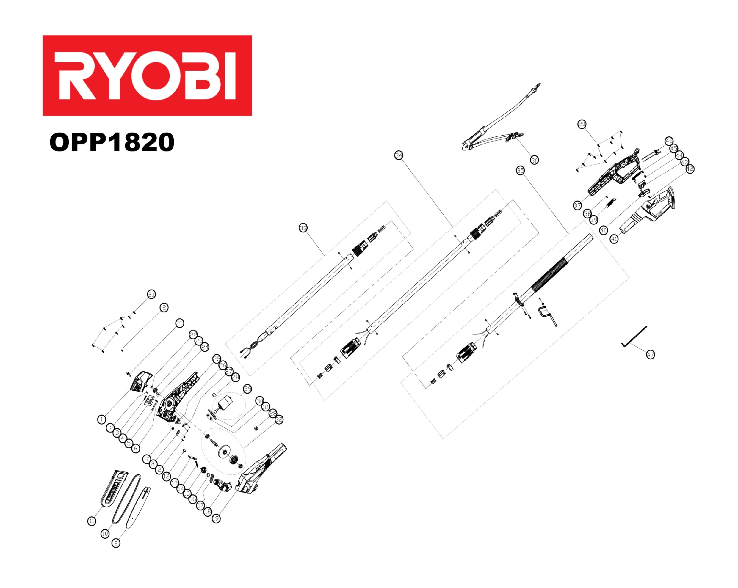 Pièces détachées Elagueur sur perche Ryobi OPP1820 - 444648 