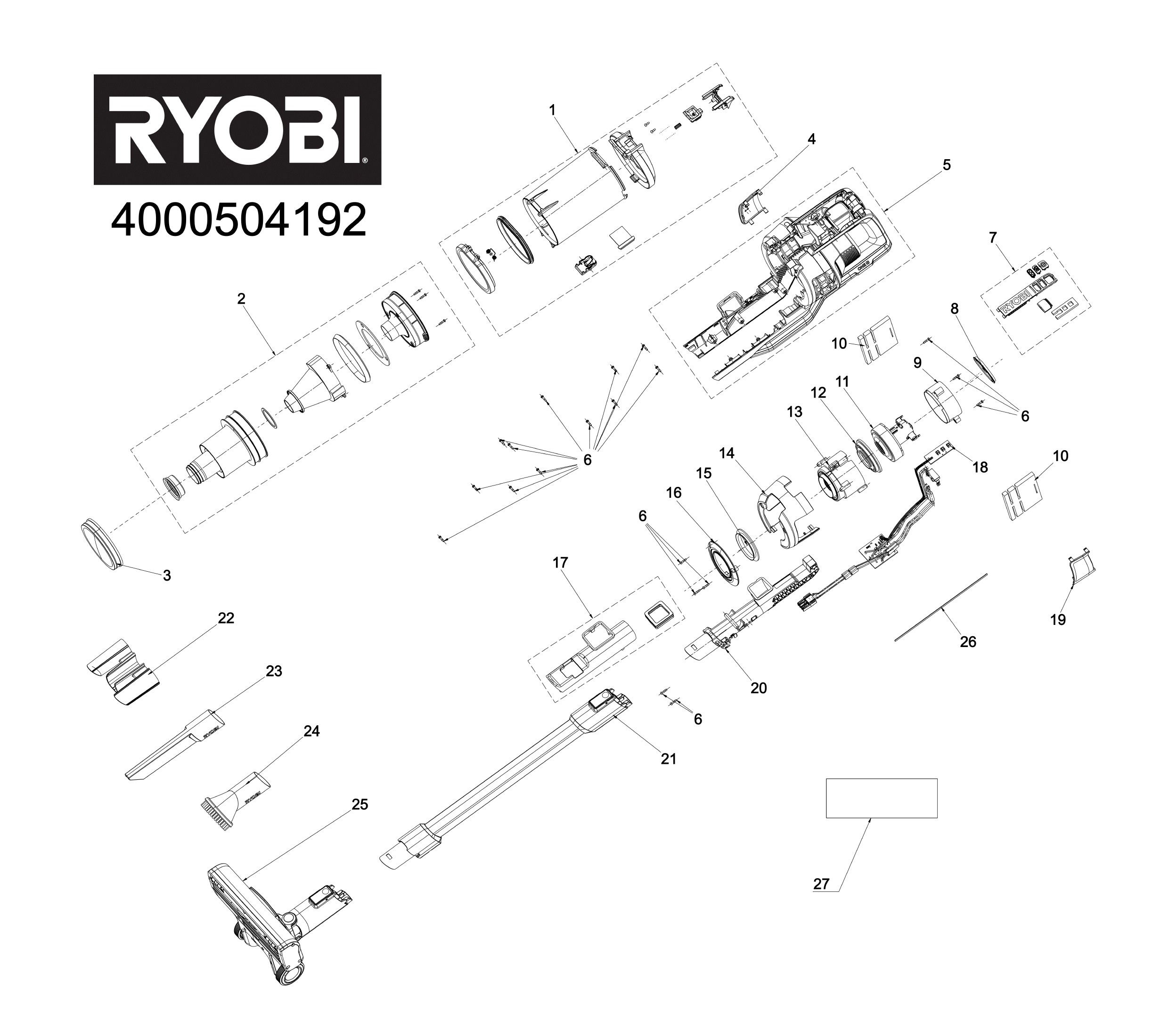 Pièces détachées Aspirateur balai Ryobi RSVS18 - 504192
