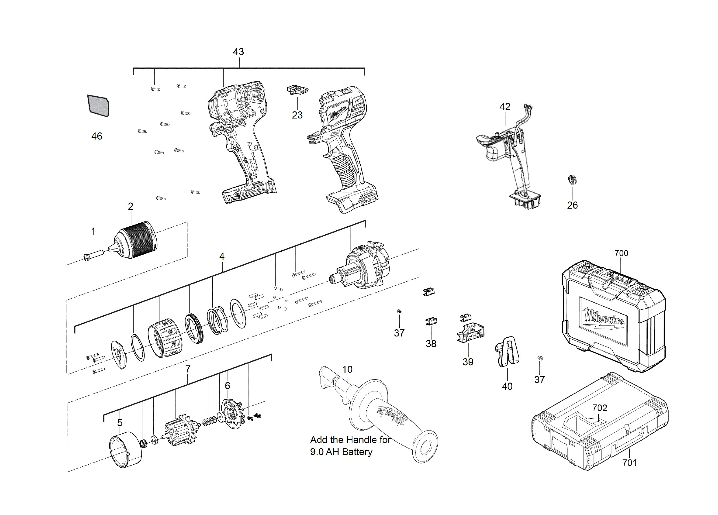 Pièces détachées Perceuse visseuse Milwaukee M18 BDD - 481210