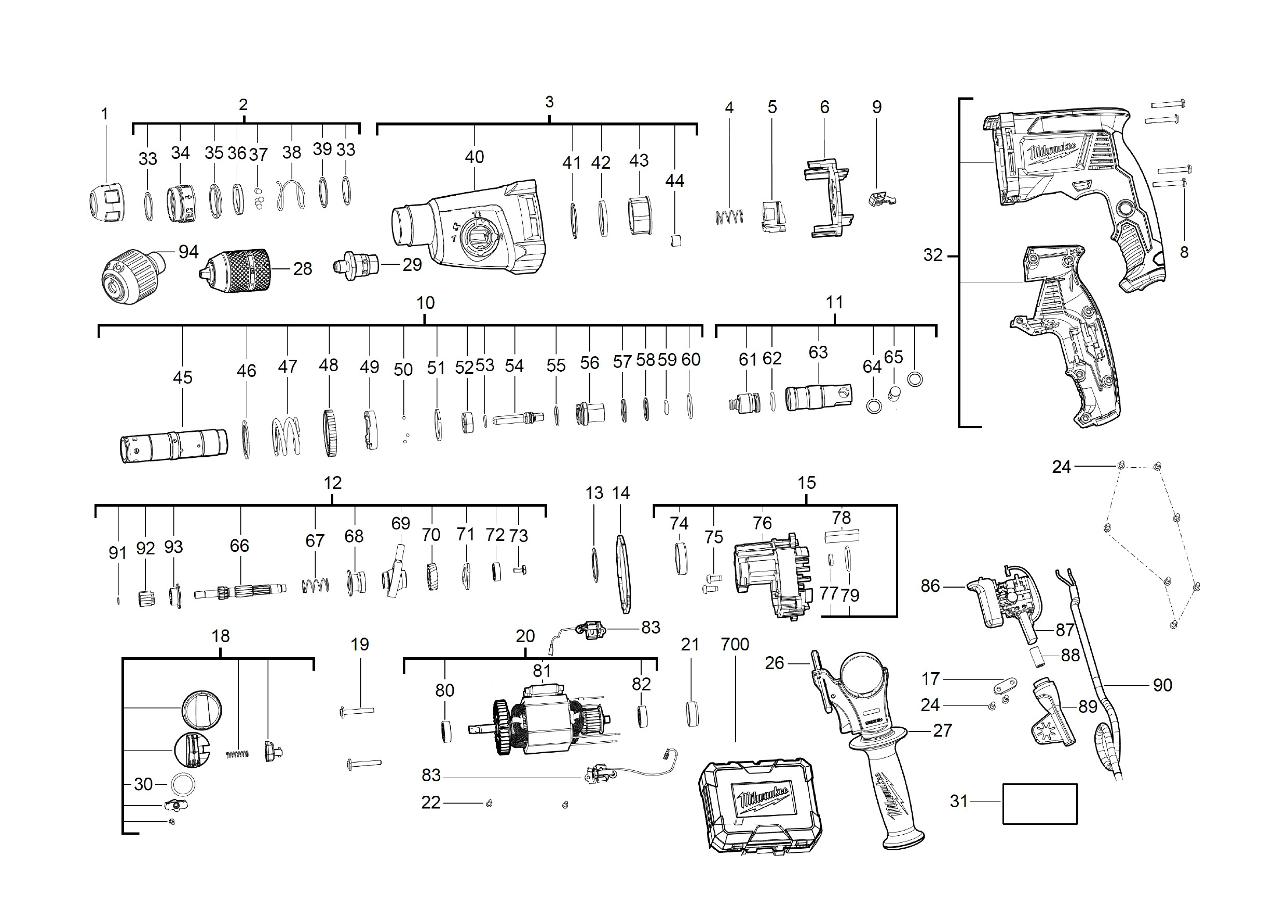 Pièces détachées Perforateur Milwaukee PH 26 TX - 469070