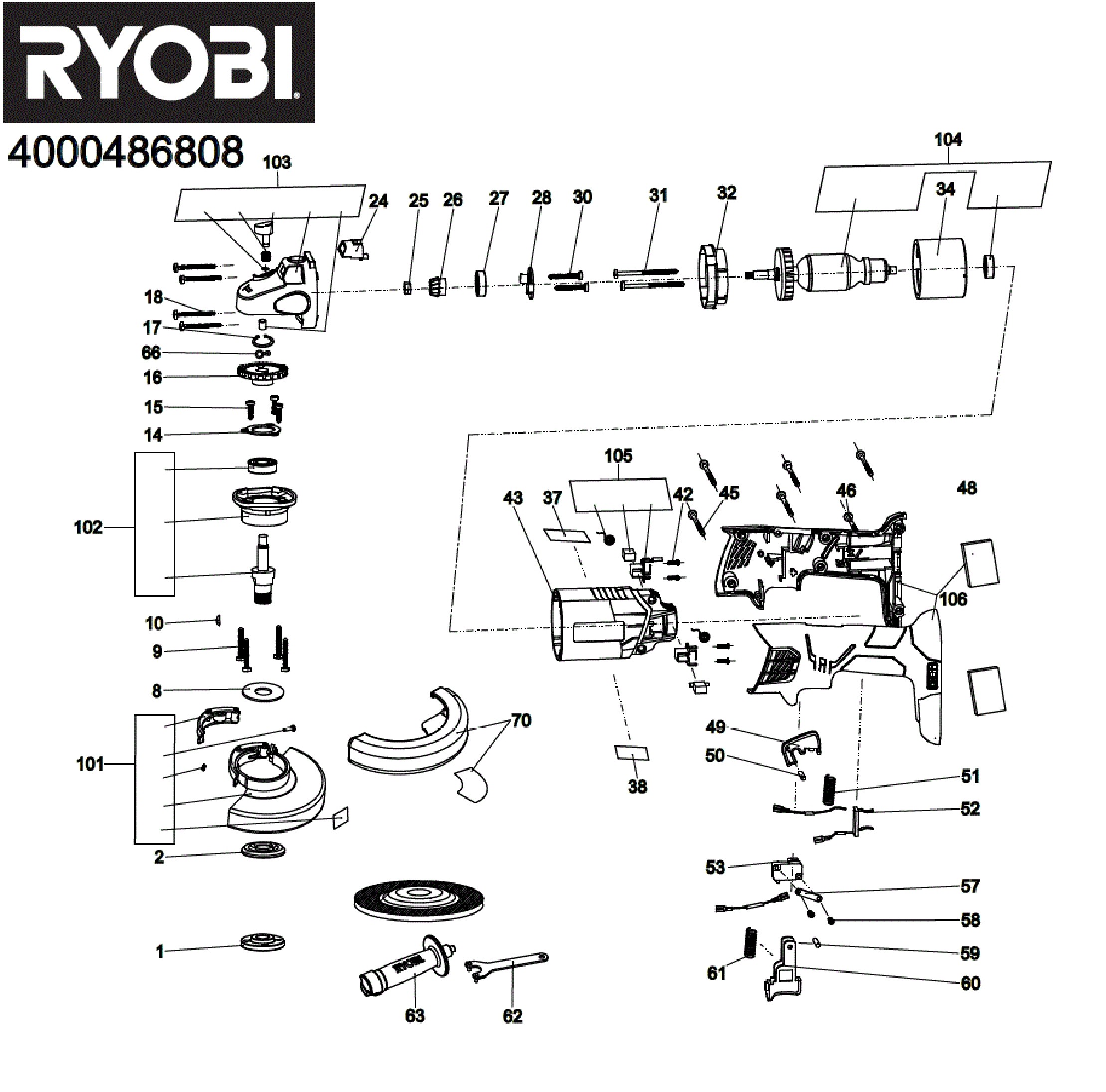 Pièces détachées Meuleuse d'angle Ryobi R18AG - 444313