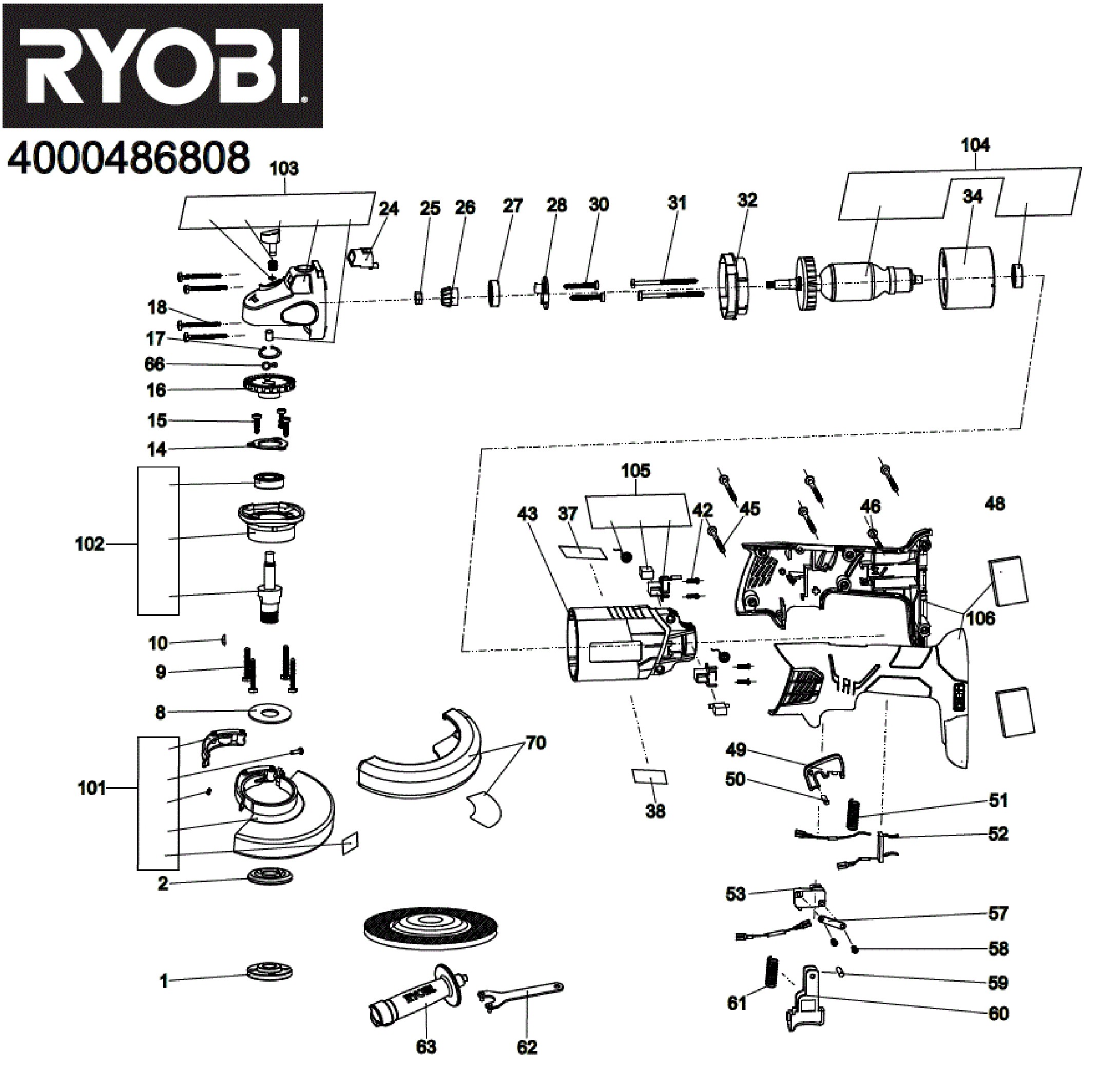 Pièces détachées Meuleuse d'angle Ryobi R18AG - 486808