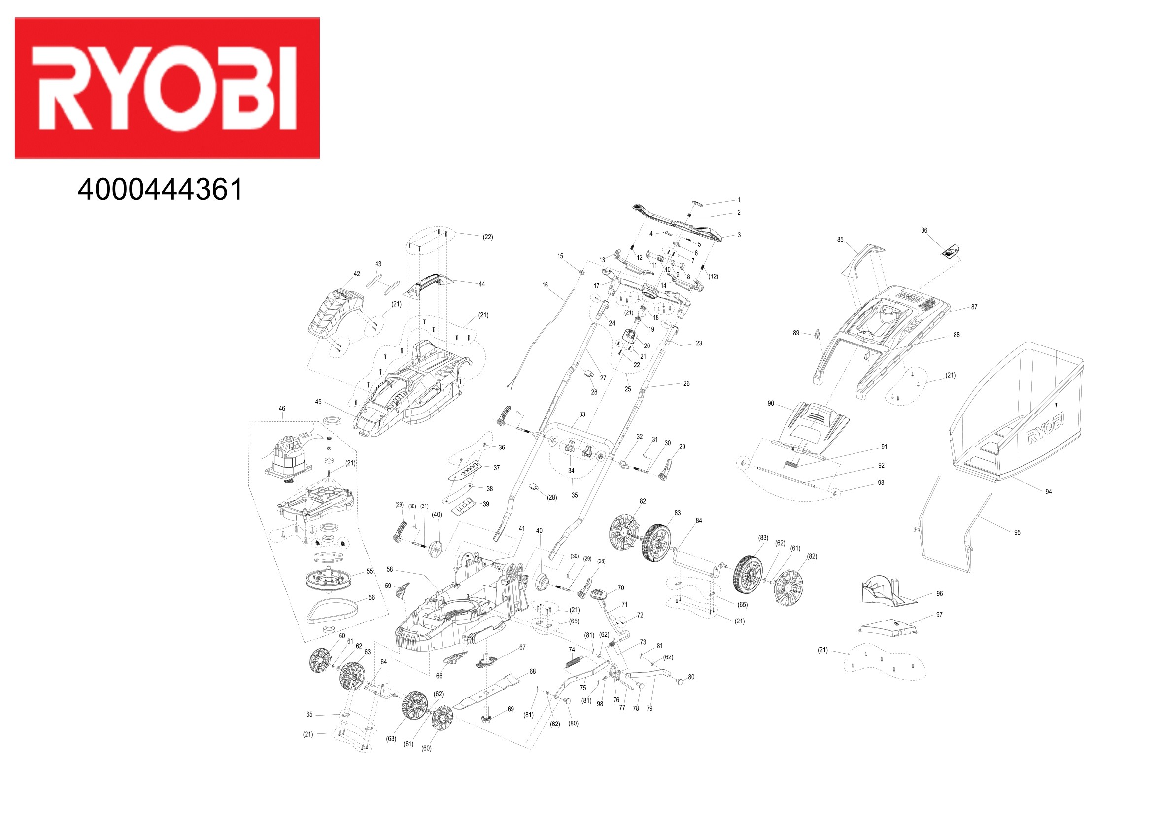 Pièces détachées Tondeuse Ryobi RLM15E36H - 444361