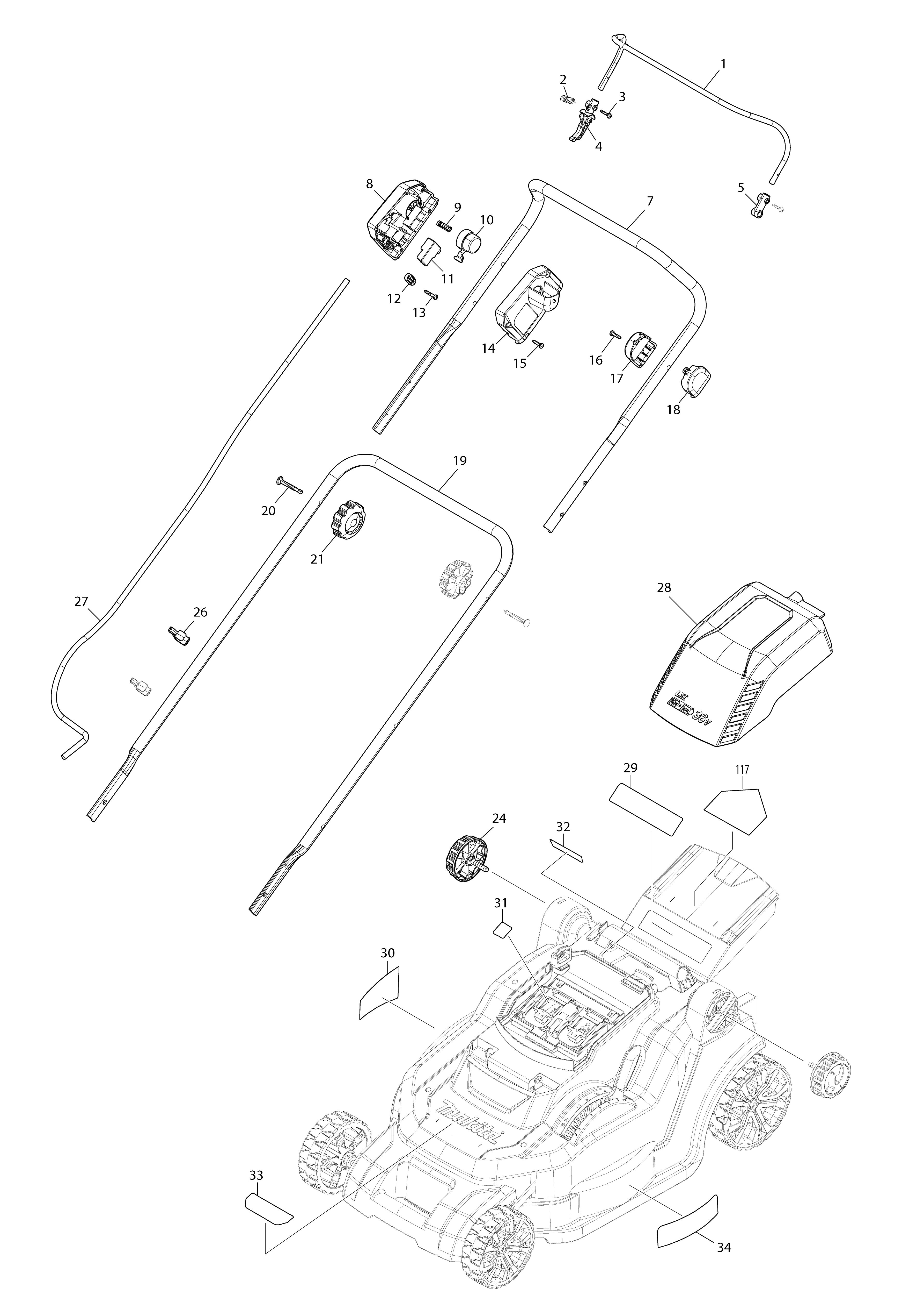 Pièces détachées Tondeuse poussée Makita DLM432