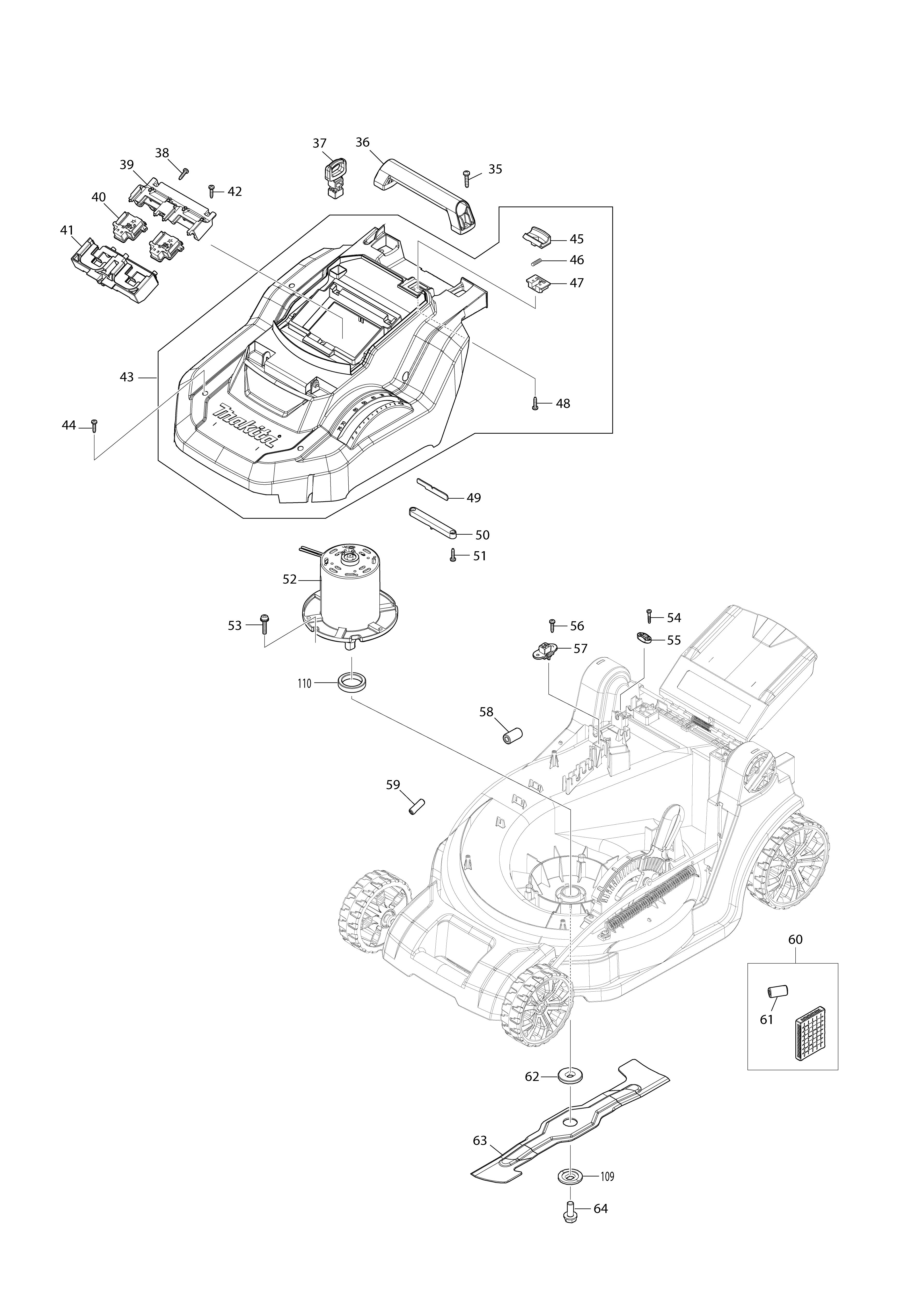 Pièces détachées Tondeuse poussée Makita DLM432