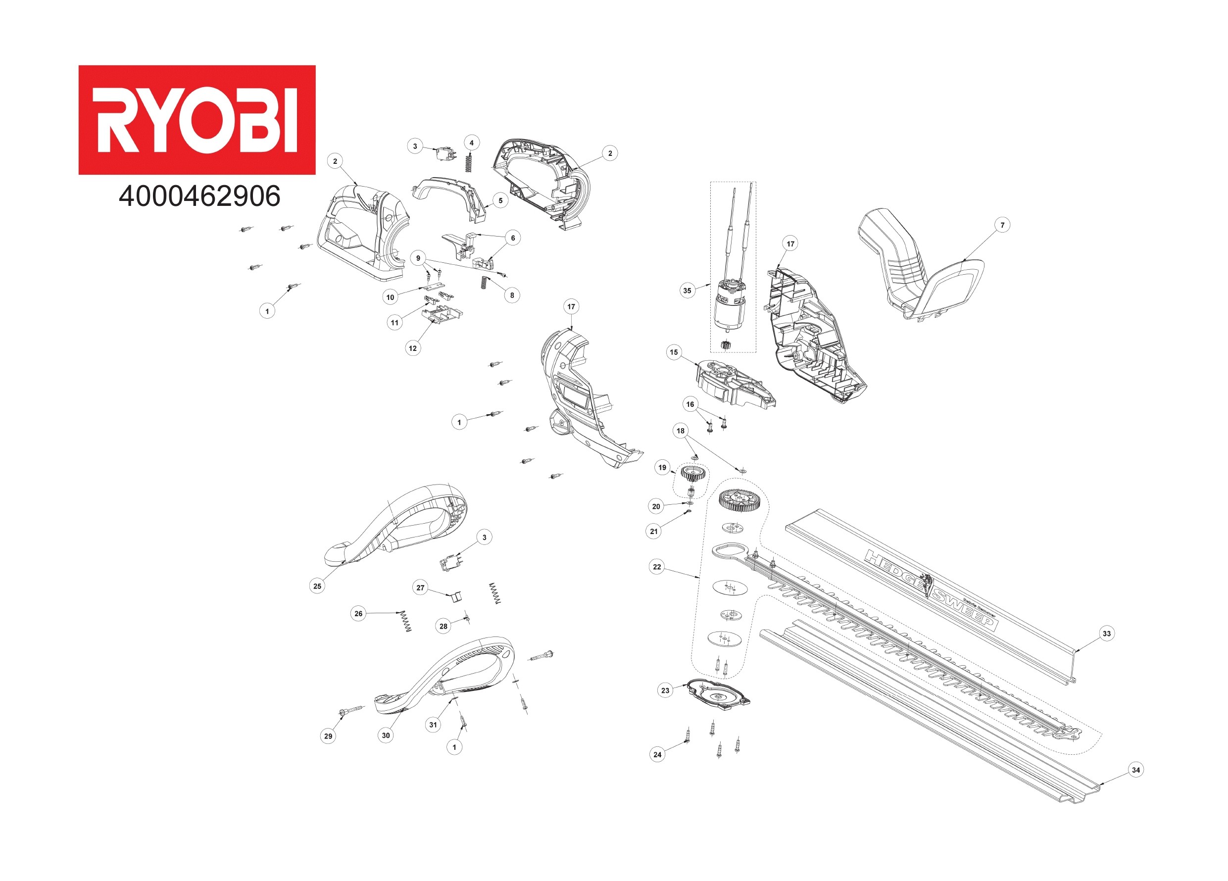 Pièces détachées Taille-haie Ryobi RHT36C61R15S - 462926 