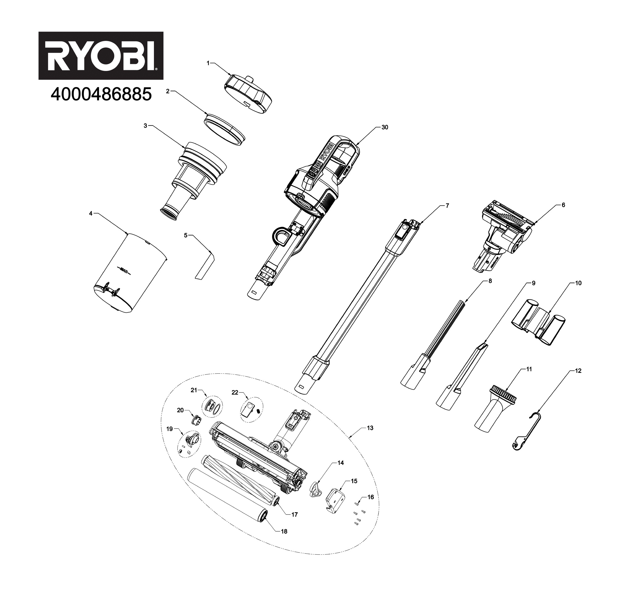 Pièces détachées Aspirateur Ryobi RASV18BL - 486885