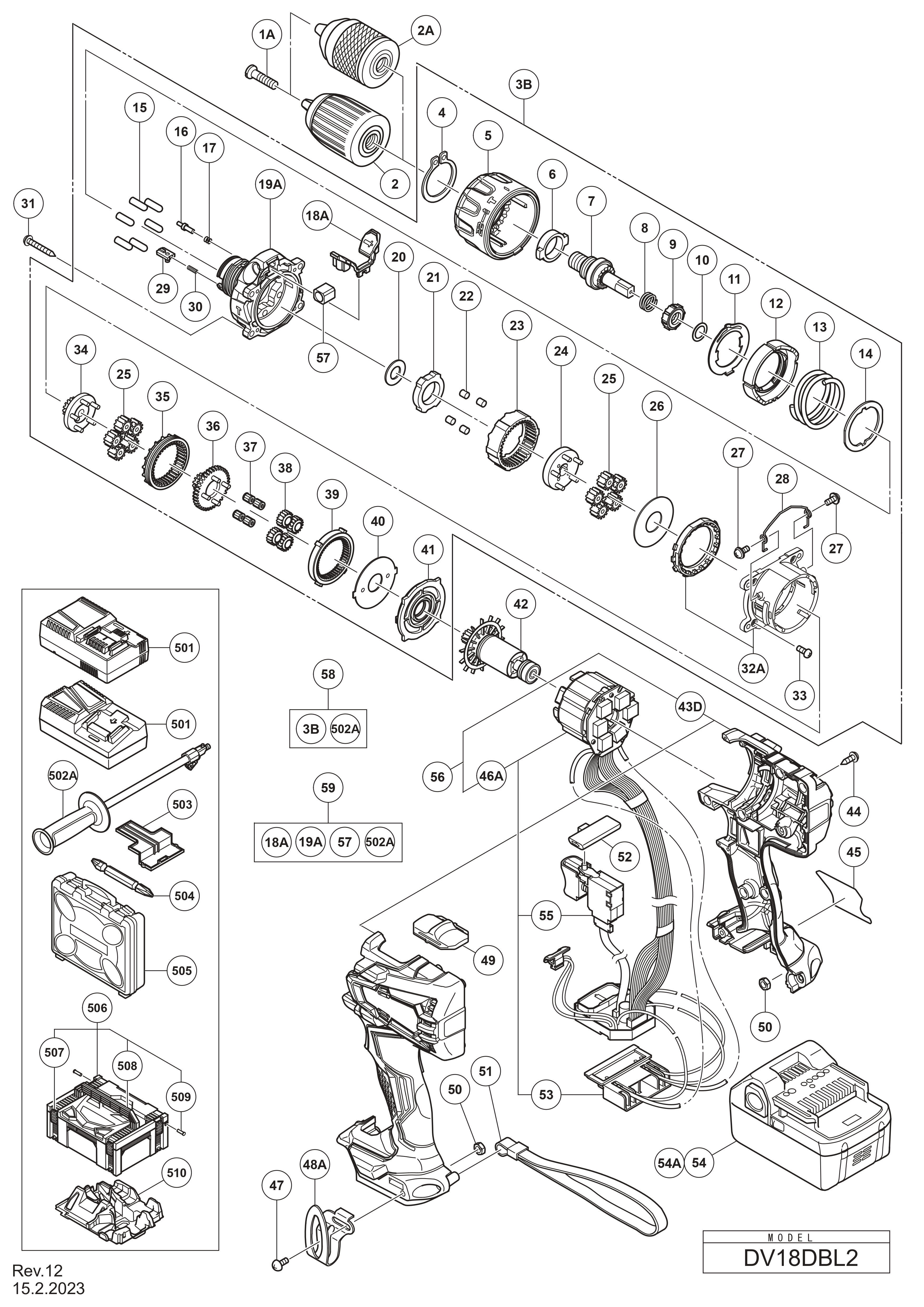 Pièces détachées Perceuse visseuse Hikoki DV18DBL2