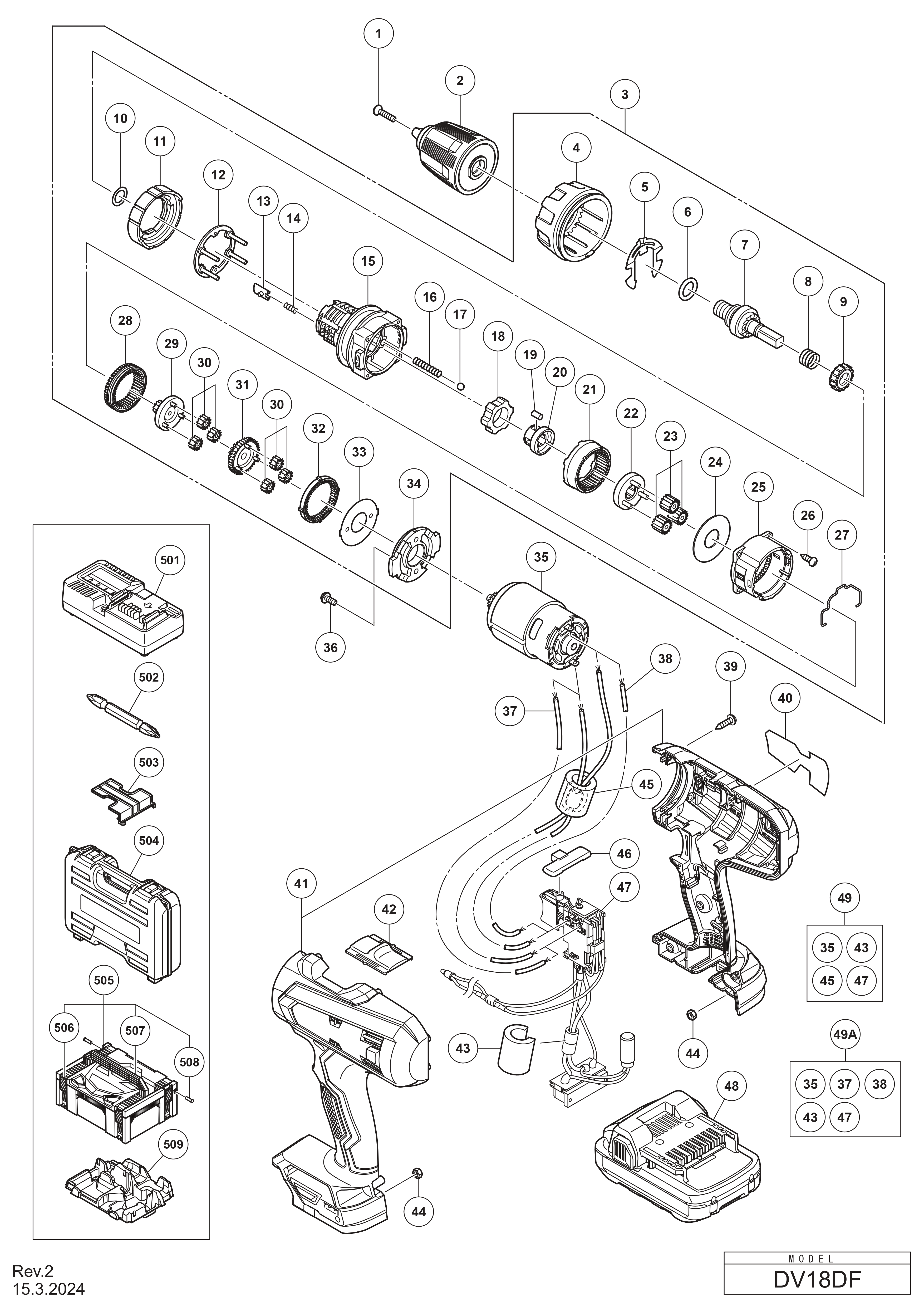 Pièces détachées Perceuse visseuse Hikoki DV18DF