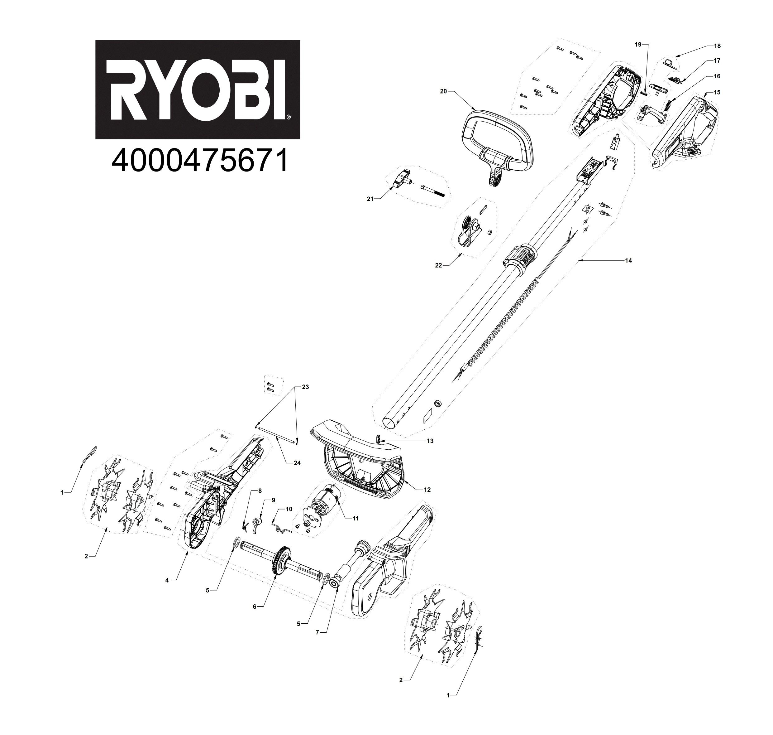 Pièces détachées Bineuse Ryobi RY18CVA - 475671