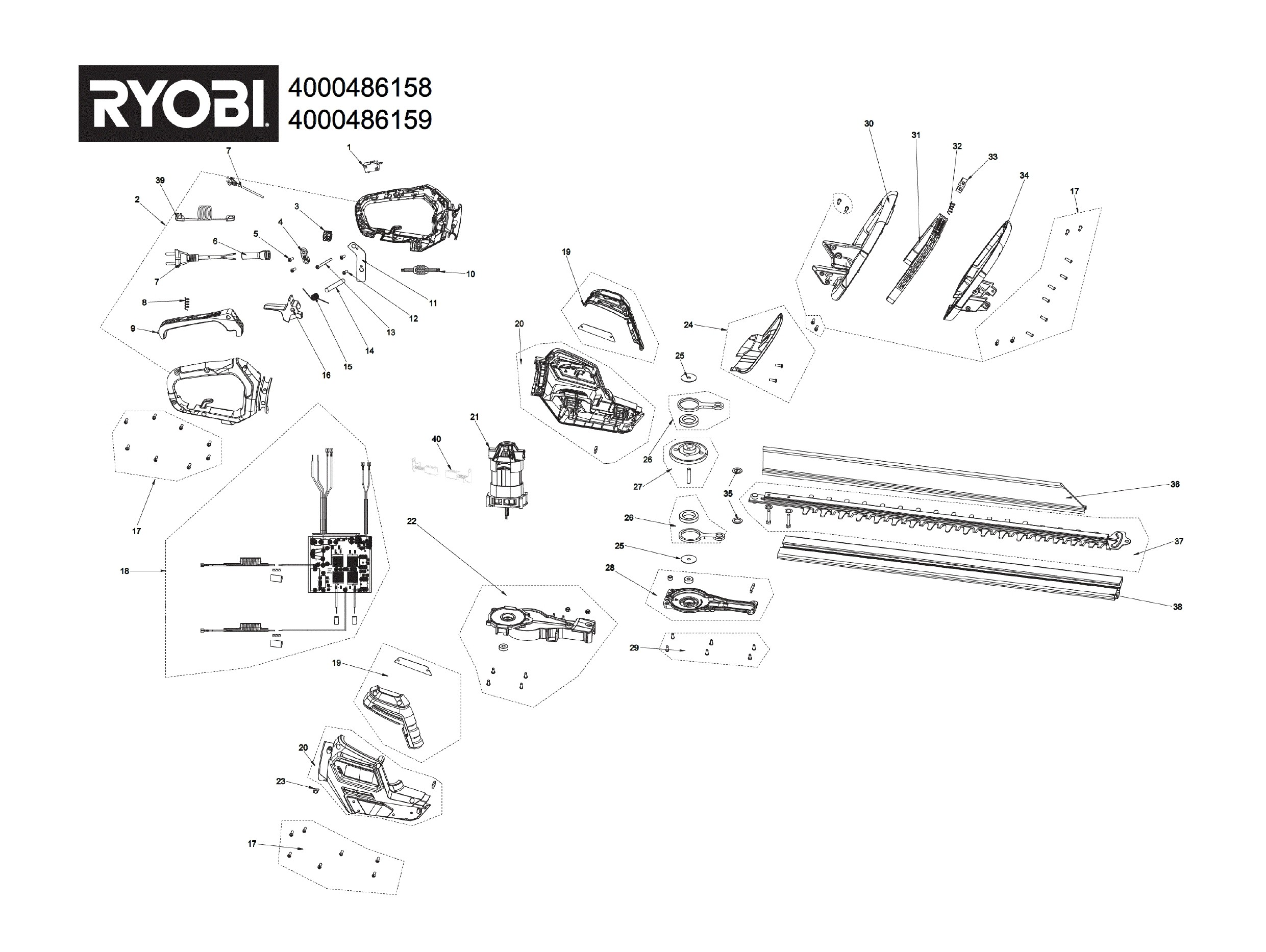 Pièces détachées Taille haie Ryobi RHT6160RS - 486158 - 486159