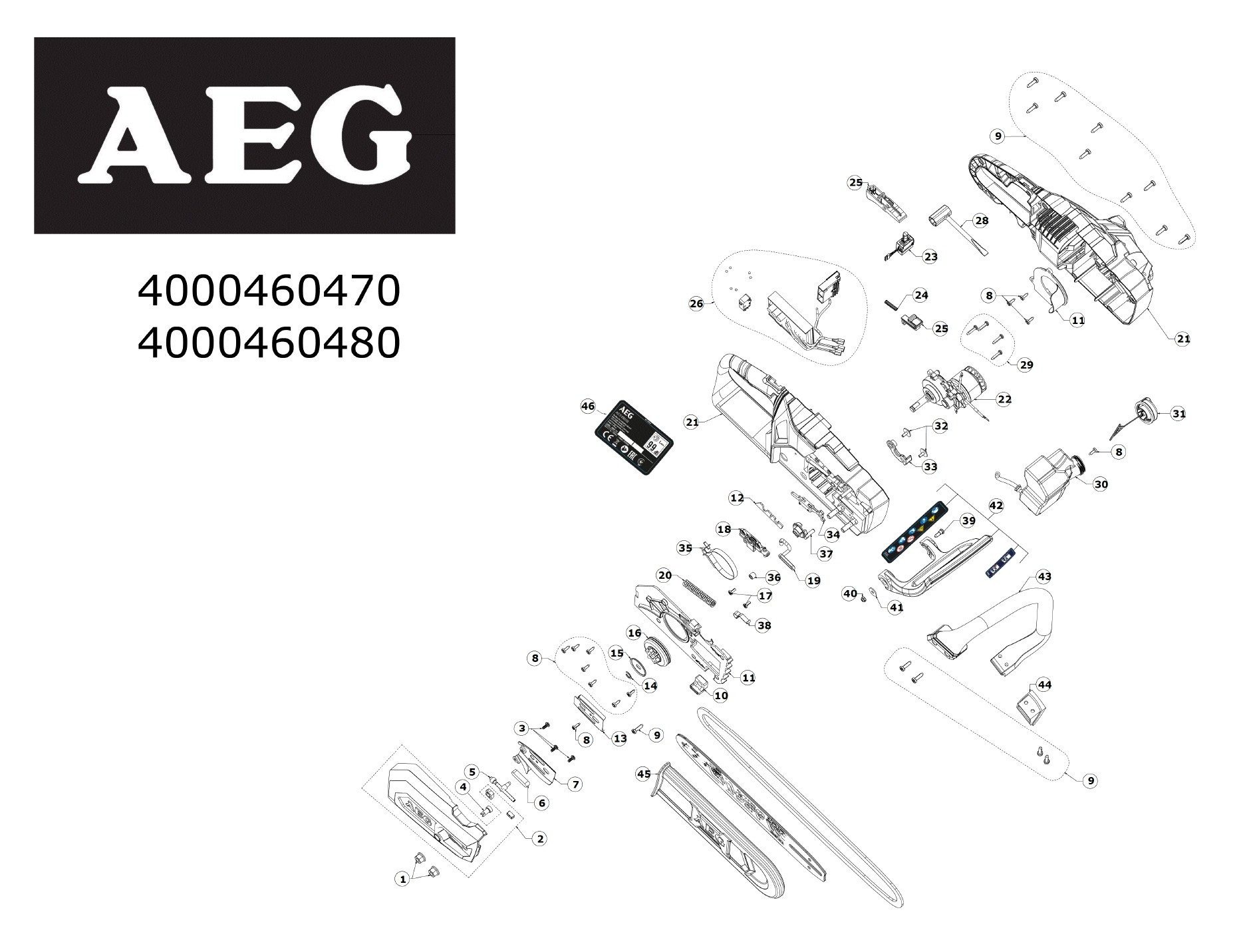 Pièces détachées Tronçonneuse AEG ACS18B30 - 460470 - 460480
