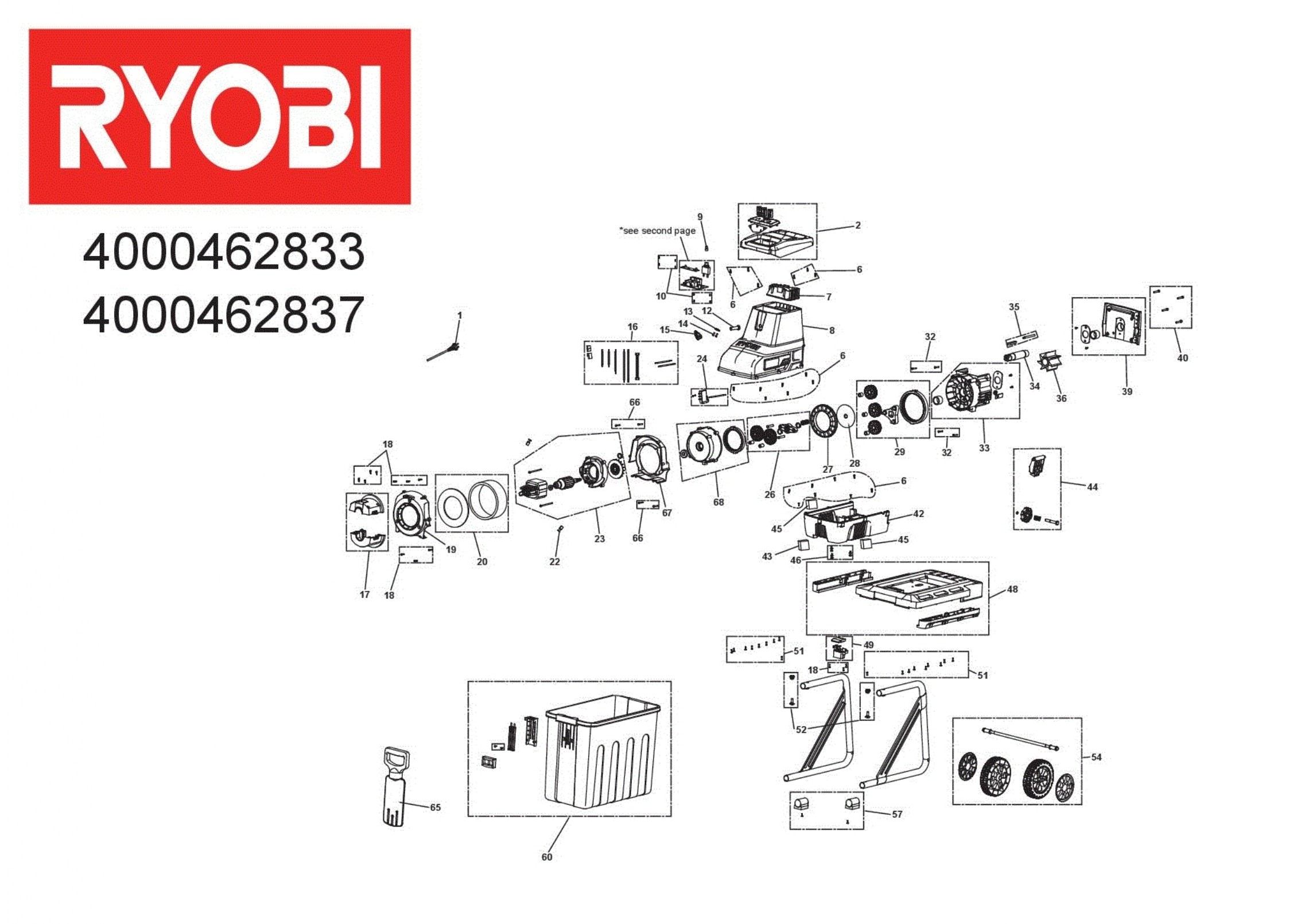 Pièces détachées Broyeur Ryobi RSH3045U - 462837 - 462833