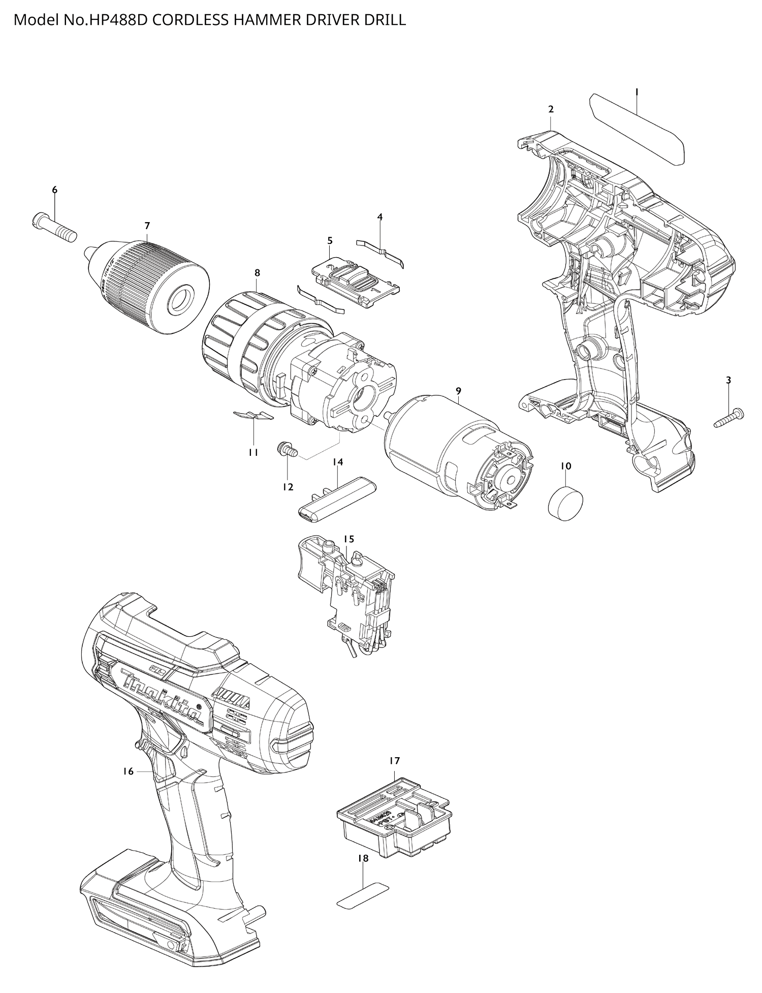 Pièces détachées perceuse visseuse à chocs Makita HP488D