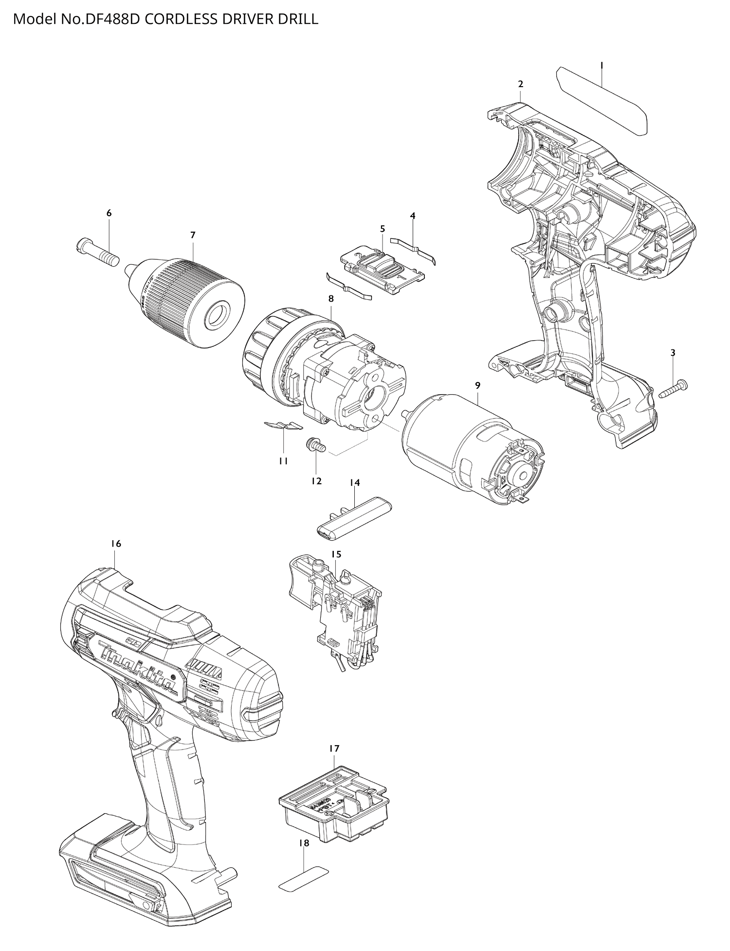 Pièces détachées perceuse visseuse Makita DF488D