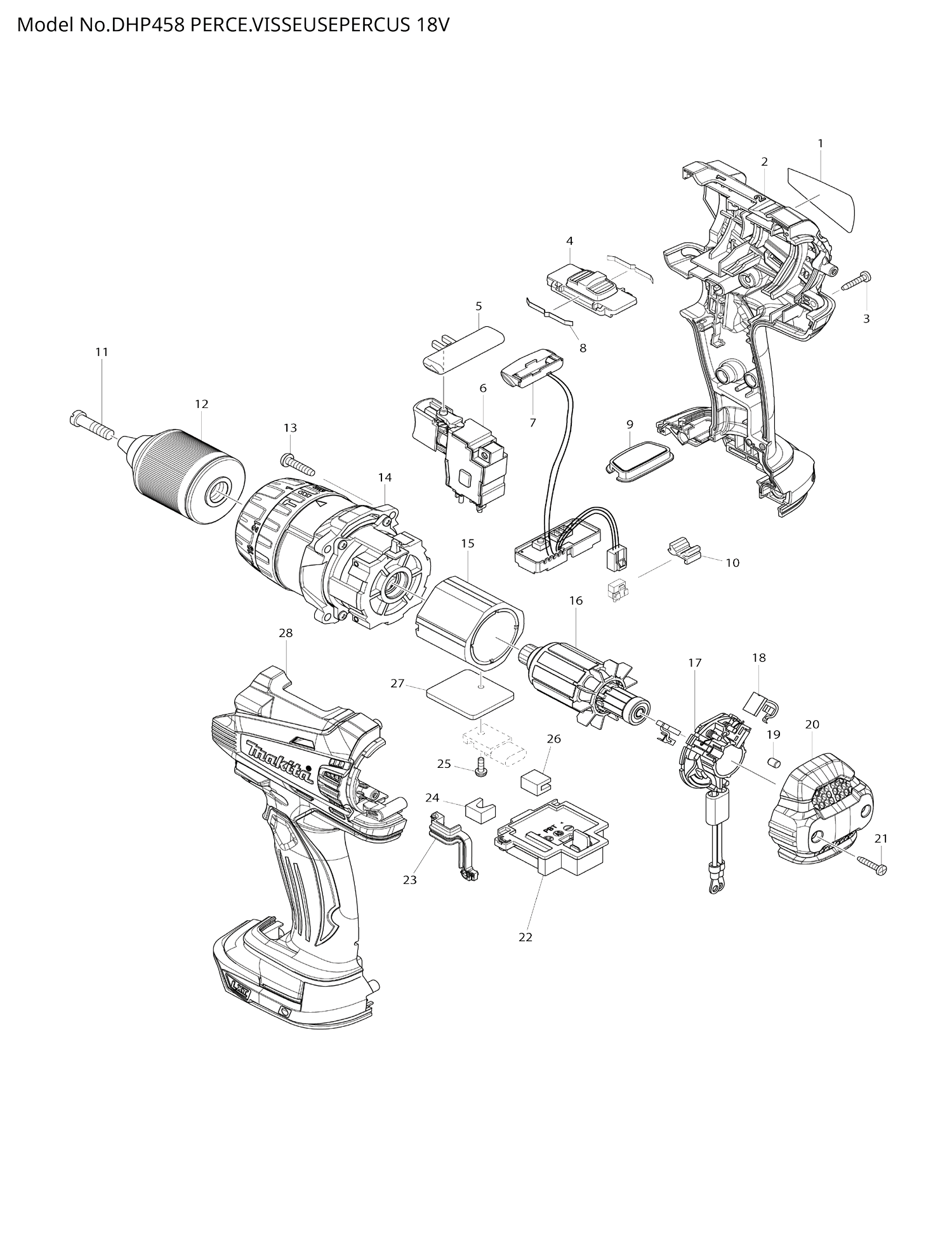Pièces détachées perceuse visseuse Makita DHP458