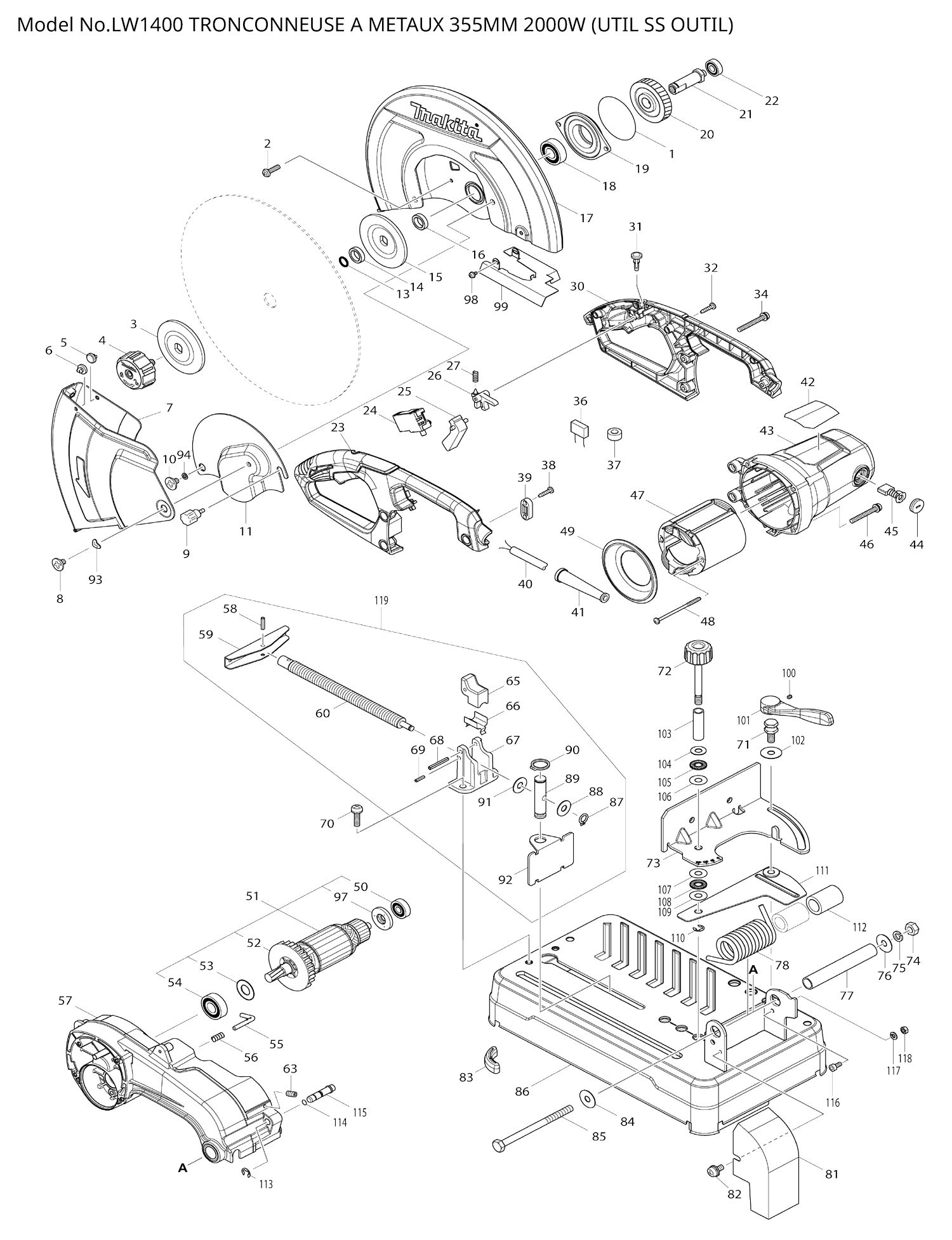 Pièces détachées tronçonneuse à métaux Makita LW1400