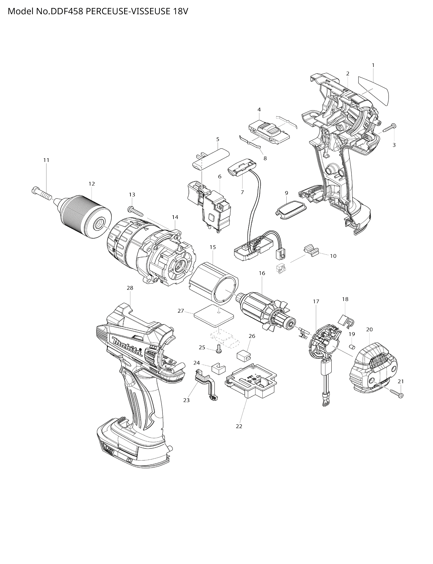 Pièces détachées perceuse-visseuse Makita DDF458